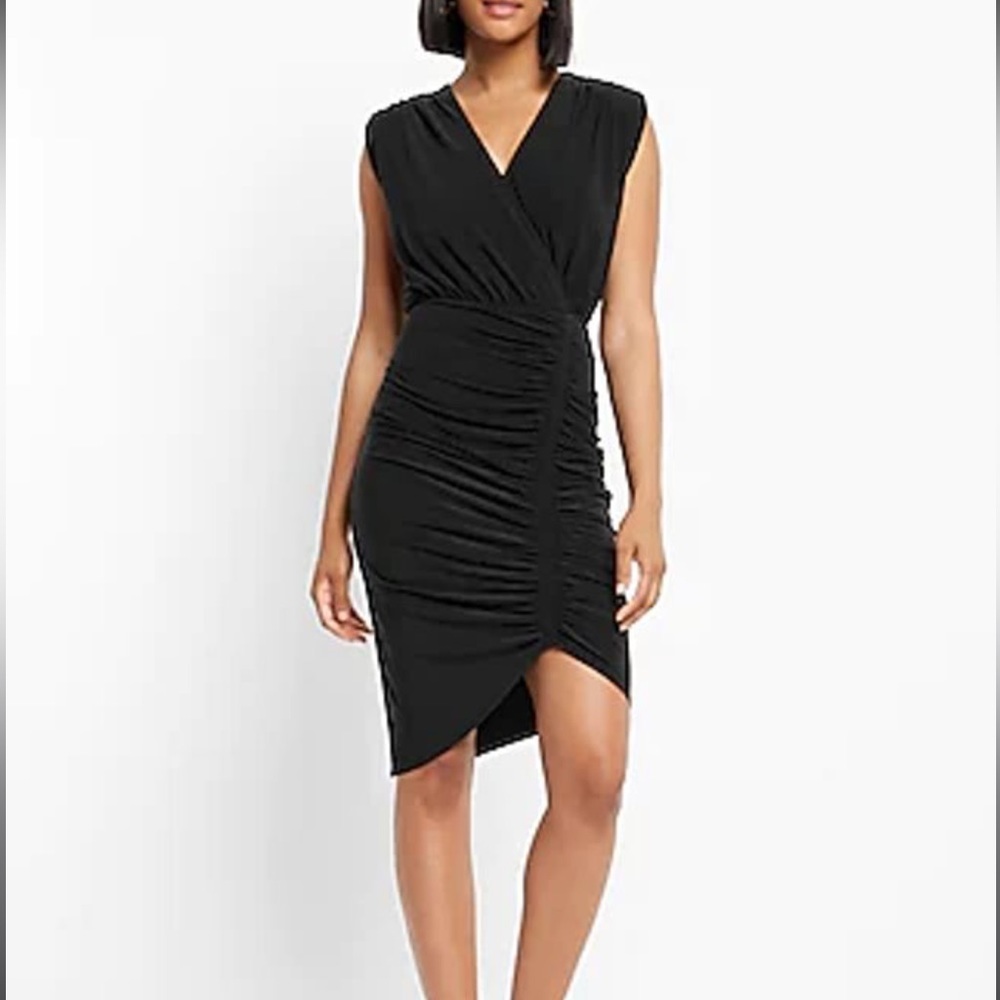 Express Black Faux Wrap Ruched Sheath Dress Excellent Condition
